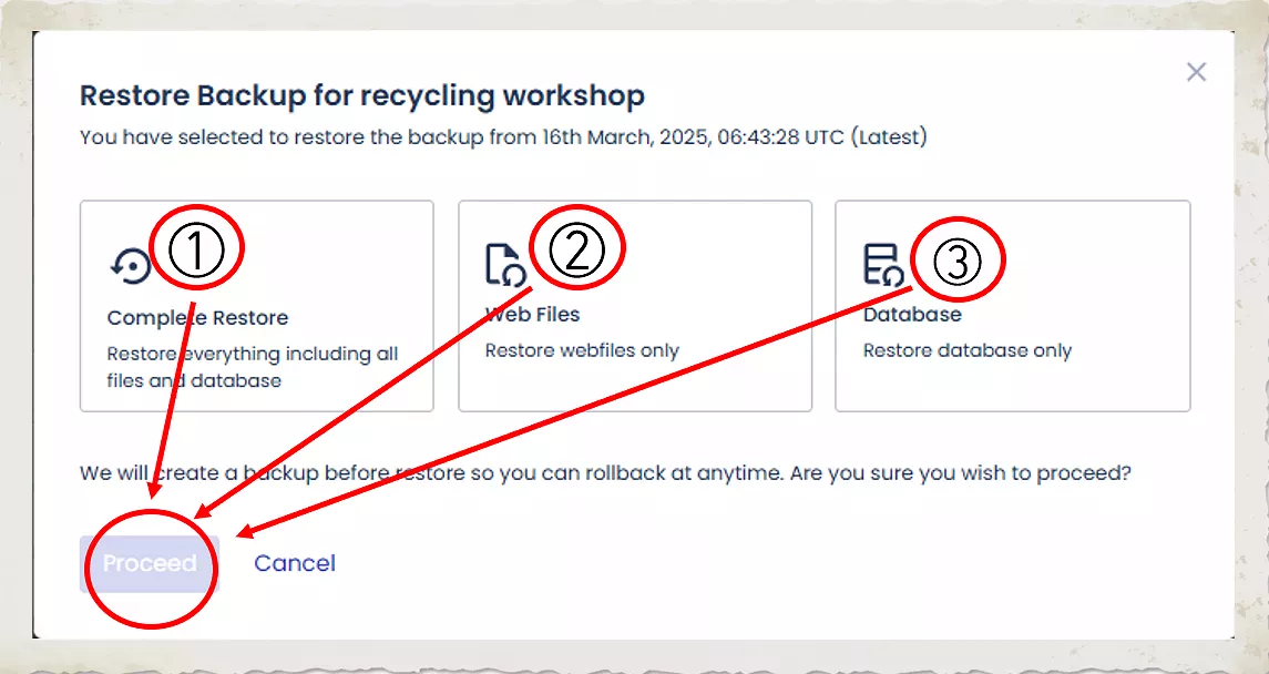 워드프레스 글쓰기_수동 백업_복원 종류선택